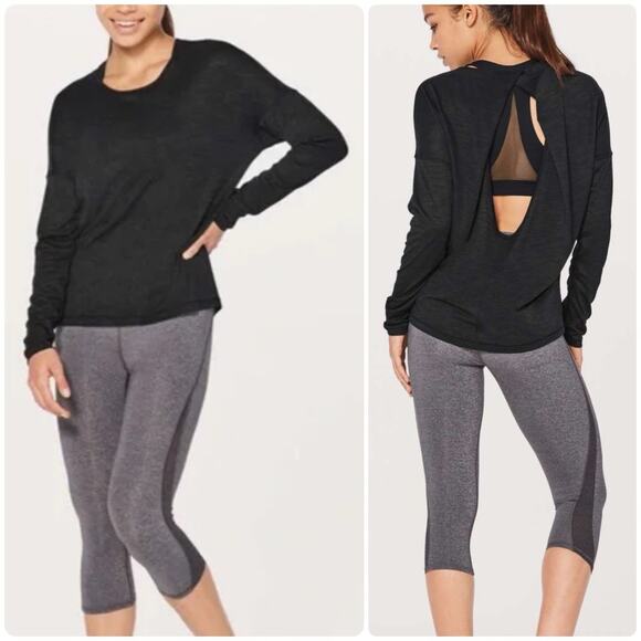 LULULEMON Get Set Long Sleeve Heathered Black Shirt Open Back Lightweight Top S - Picture 1 of 13